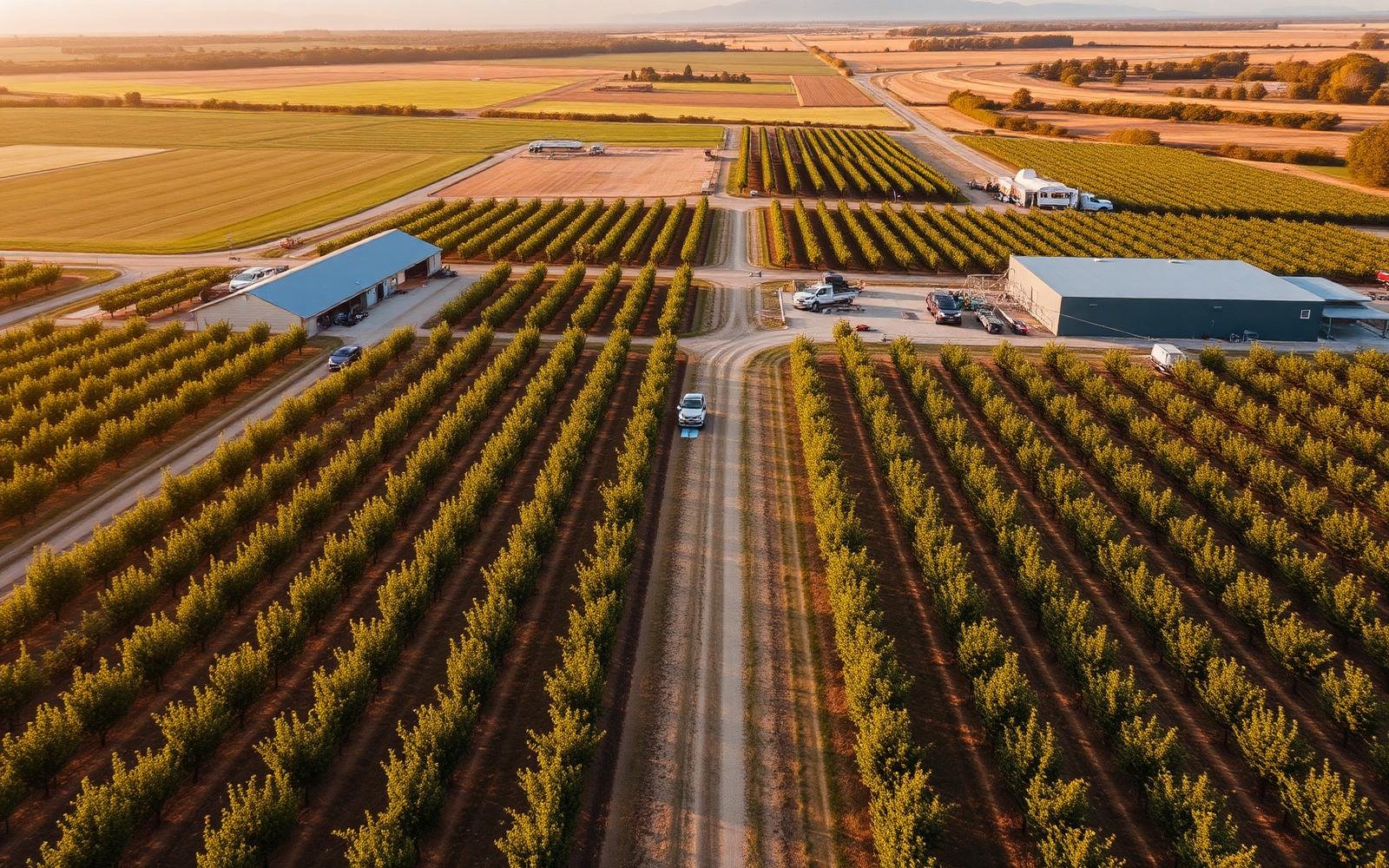 Aerial view of a modern orchard estate with packhouses and harvest vehicles
